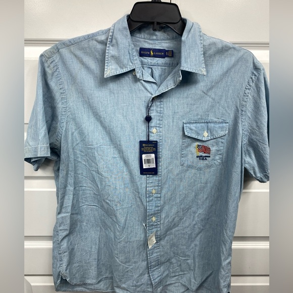 Ralph Lauren Mens USA American Flag Indigo button up Embroidered XL TG MFOURTH - Picture 1 of 8